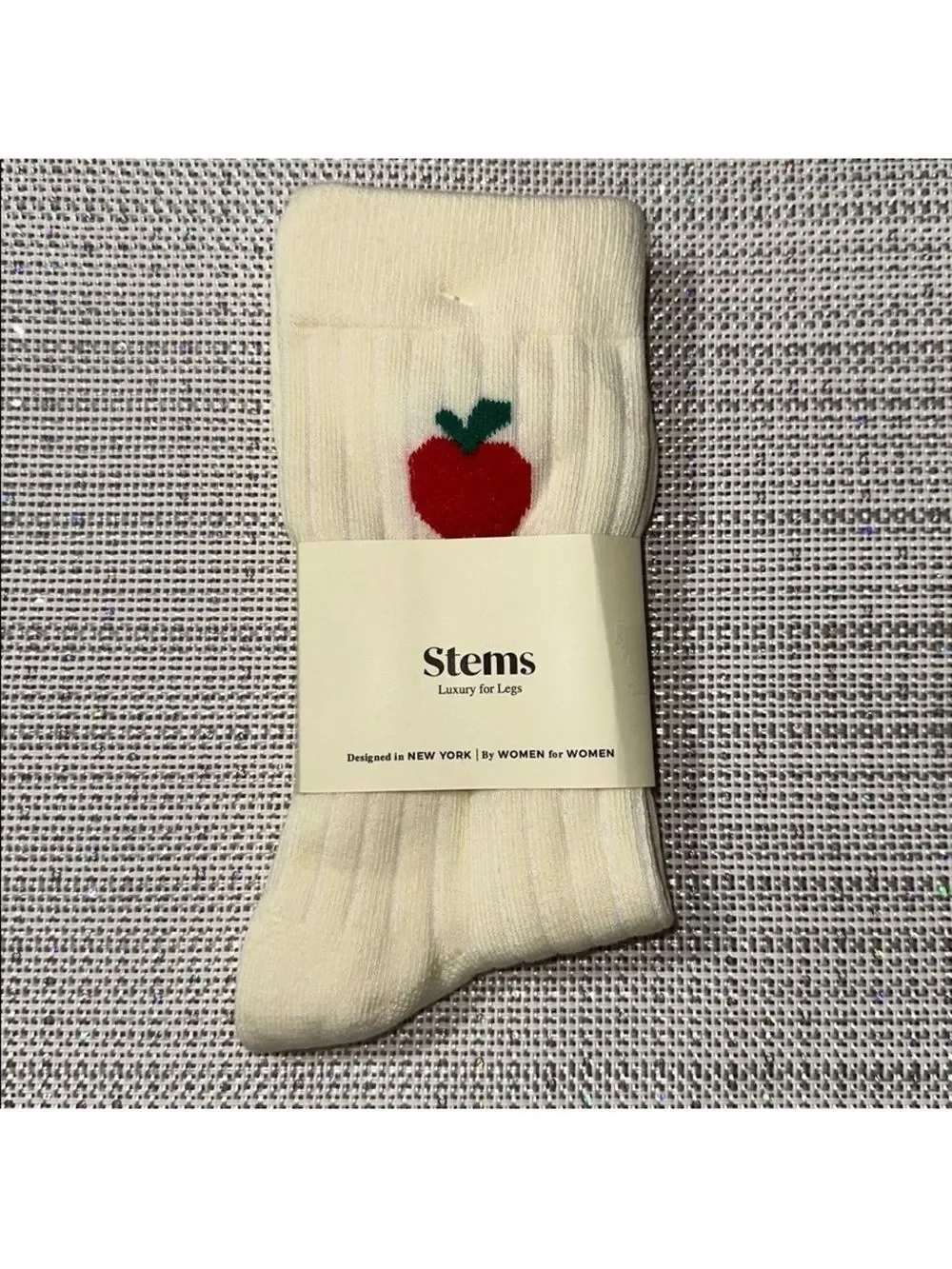 Stems 1 Pair Ivory Red Green Apple Print Cotton Blend Stretch Knit Crew Socks